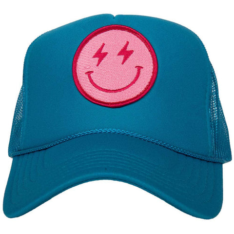 Hot Pink Lightning Happy Face Foam Trucker Hat: Black