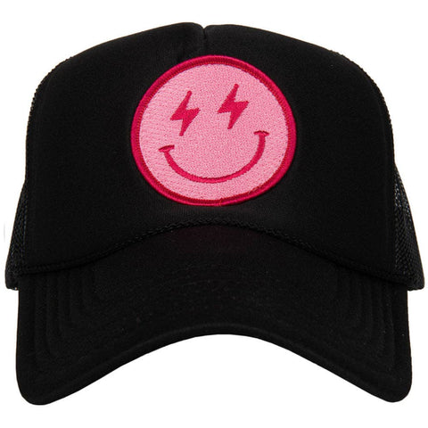 Hot Pink Lightning Happy Face Foam Trucker Hat: White