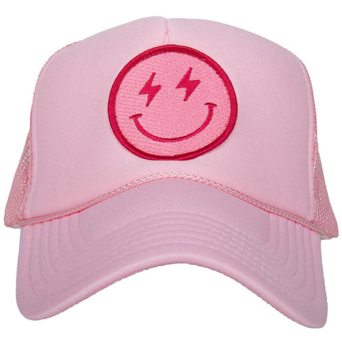 Hot Pink Lightning Happy Face Foam Trucker Hat: Black