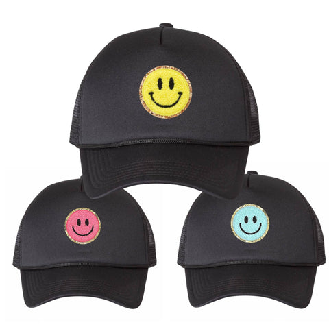 Varsity Collection Trucker Hat Chenille Smiley Face Patch