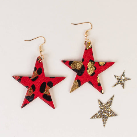 Animal Print Star Earrings: Red